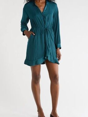 Tart Teal Wrap-Front Long-Sleeve Mini Dress